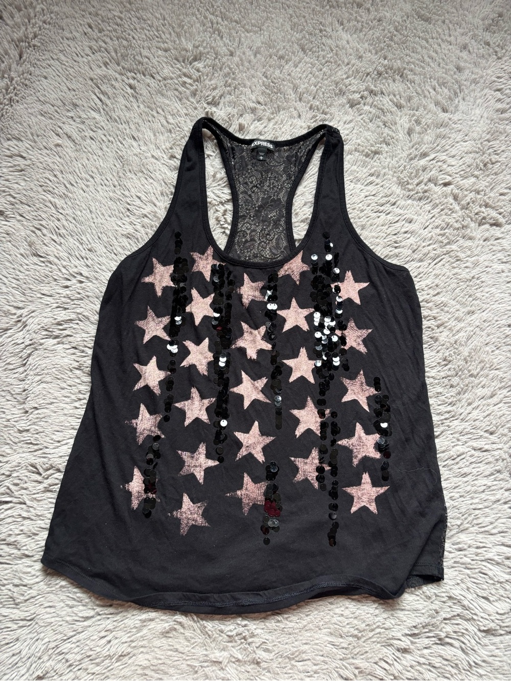 Express Black Racerback lace Tank with Pink Star Print & Sequin Stripes L